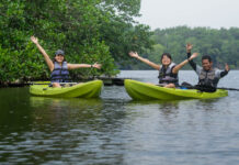 People posing on Kayaks in Lebam River