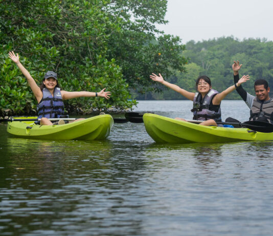 People posing on Kayaks in Lebam River
