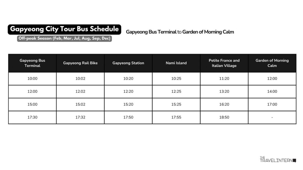 Gapyeong City Tour Off-peak Season Bus Schedule