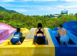 7 Unique Things to do in Penang Outside of George Town 3 Friends about to take the racer slide at Escape penang - things to outside of Georgetown