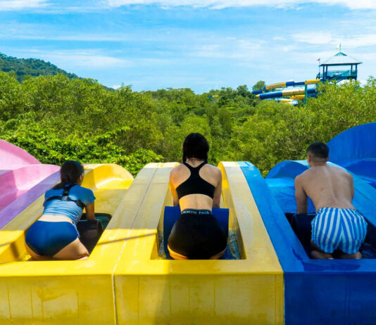 3 Friends about to take the racer slide at Escape penang - things to outside of Georgetown