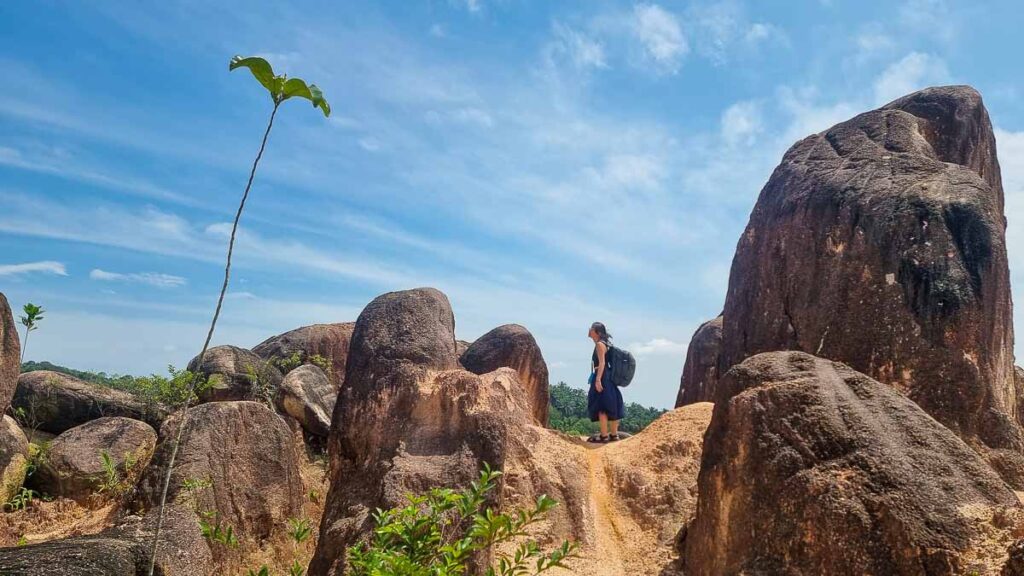 Tracey at the big boulders area - Hiking Guide JB Kangkar Pulai Blue lake