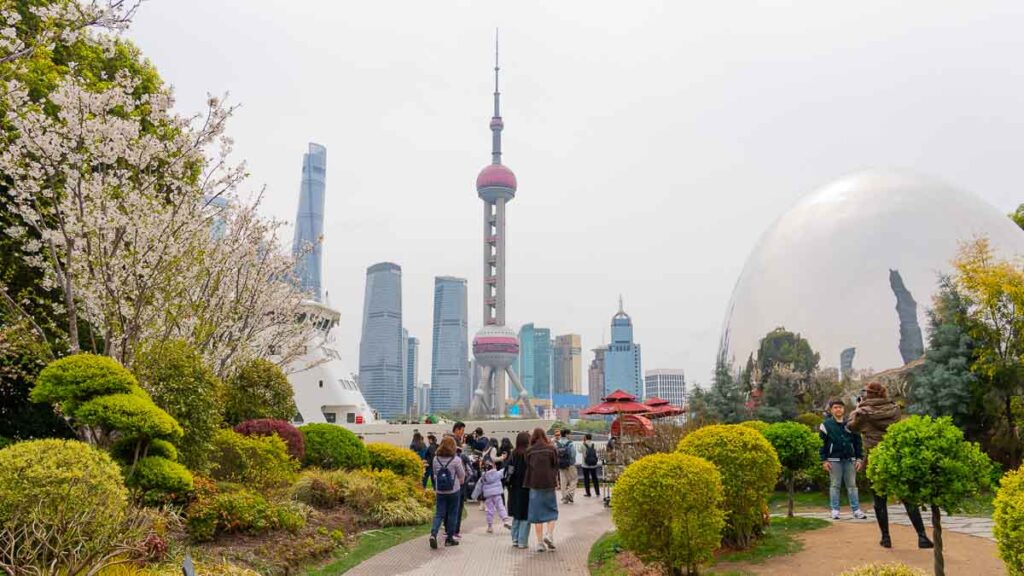 View of the Bund with a giant egg installation at the side at North Bund Greenland - What to do in Shanghai