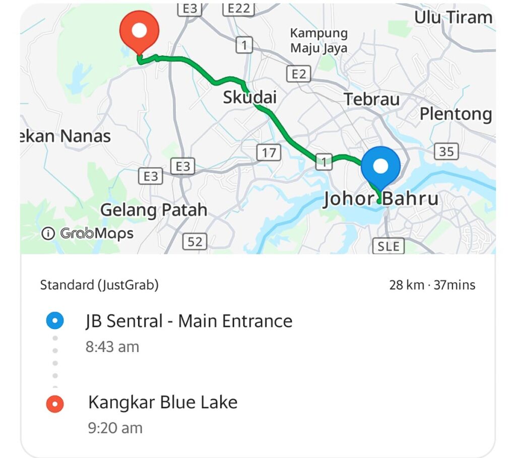 Screen grab of grab ride from jb sentral to kangkar blue lake - Kangkar Pulai JB Hiking Guide