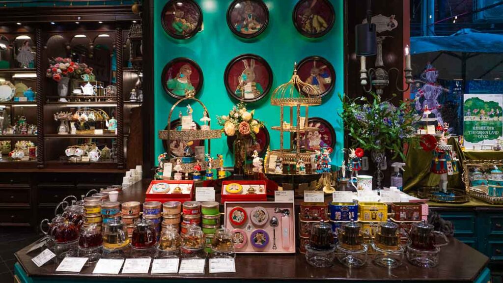 A counter in a tea shop showing an assortment of teas with tea sets - Tianzifang