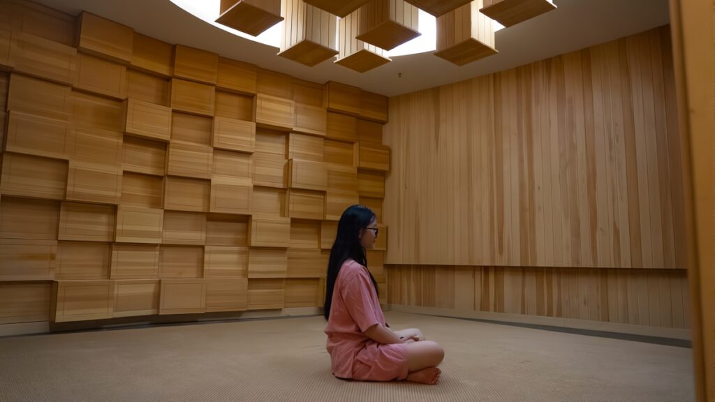LY sitting in the sauna room at Yang Space Spa - What to do in Shanghai