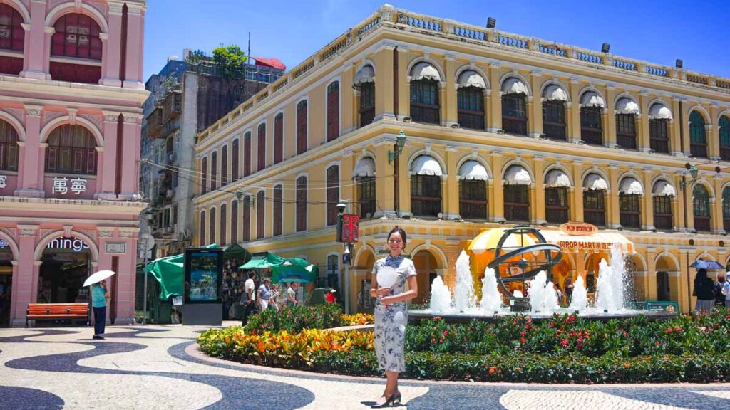Girl in Qipao at Senado Square Fountain - Macao Solo Itinerary
