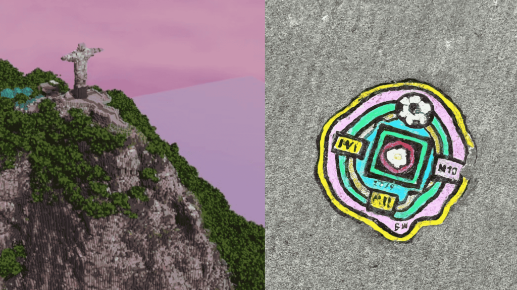 A screenshot of the Minecraft remake of the Christ the Redeemer in Brazil (left), and a photo of a colourful chewing gum art (right) - Musee Visionnaire