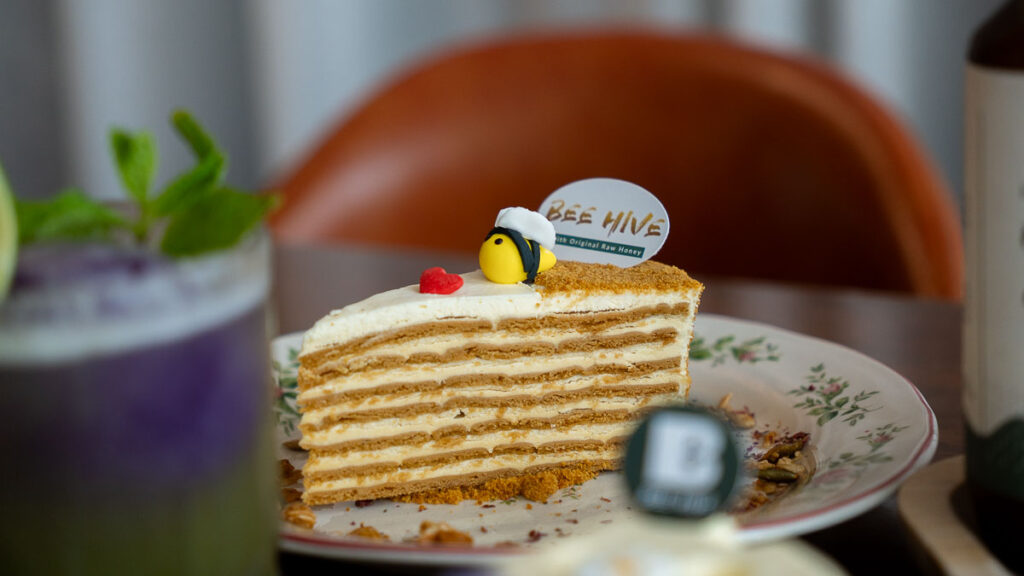 Close-up of honey layer cake at Bee Hive Honey Cafe
