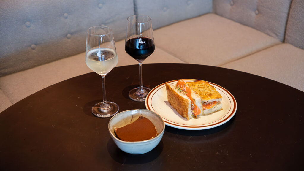Food shot of Foca Foca spread - focaccia, tiramisu and wines!