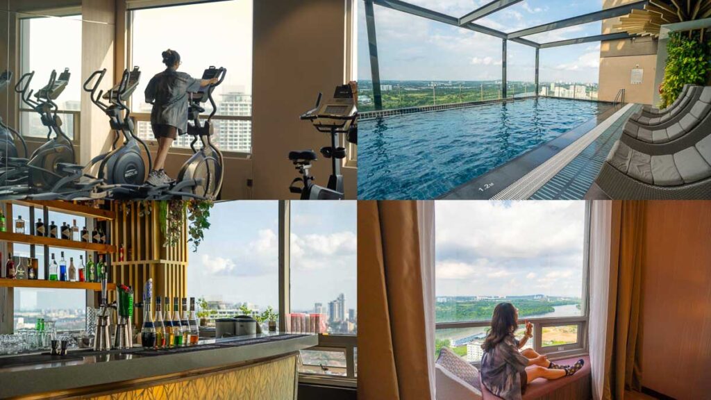 A gym, swimming pool, rooftop bar, and window nook at St Giles - Jb luxury hotel