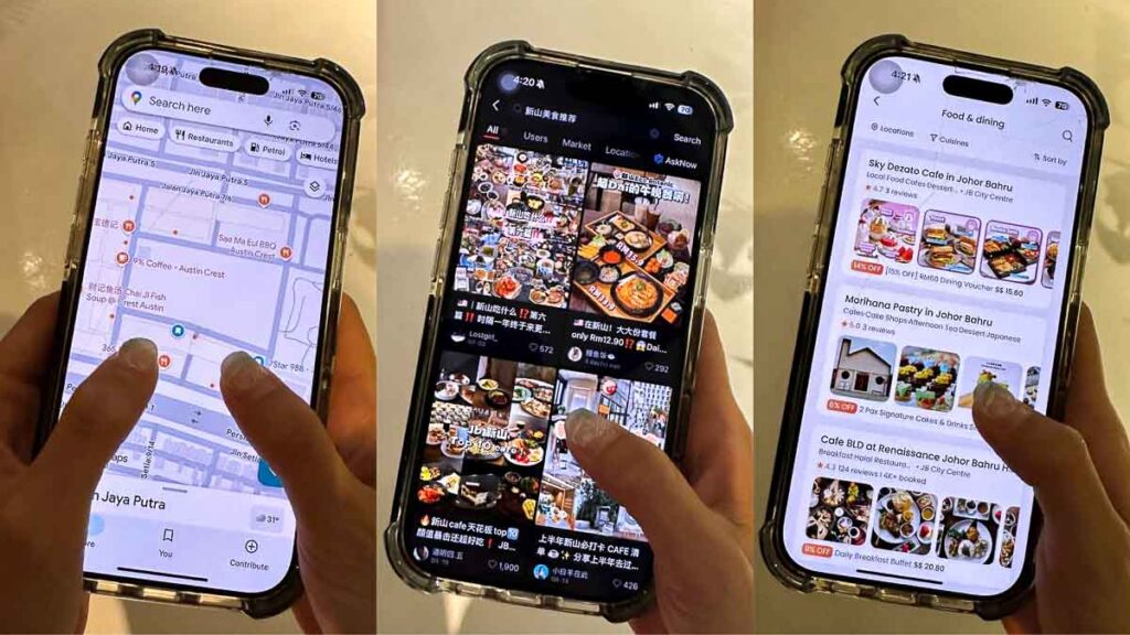 Collage of 3 phone screens, each showing a different method to search for food places - Google Maps, XiaoHongShu, and Klook.