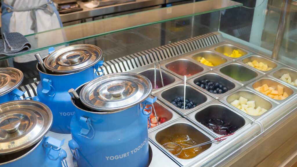 Display of a variety of fruit and jelly toppings at Yogurt Yoogoo Mount Austin