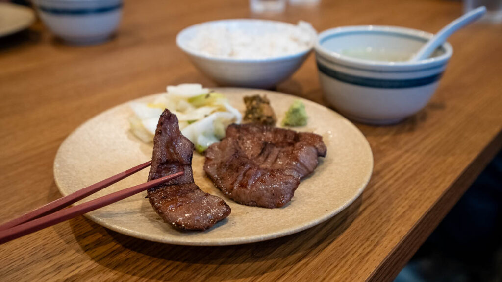 A plate of Gyutan, grilled beef tongue, at Gyutan Kaku, Sendai, Miyagi  Japan - Tohoku Summer itinerary