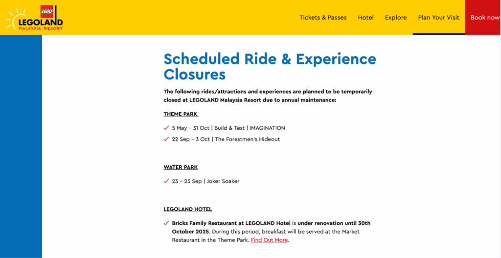Legoland Malaysia website about schedules rides and closures - Things to do in Legoland Malaysia
