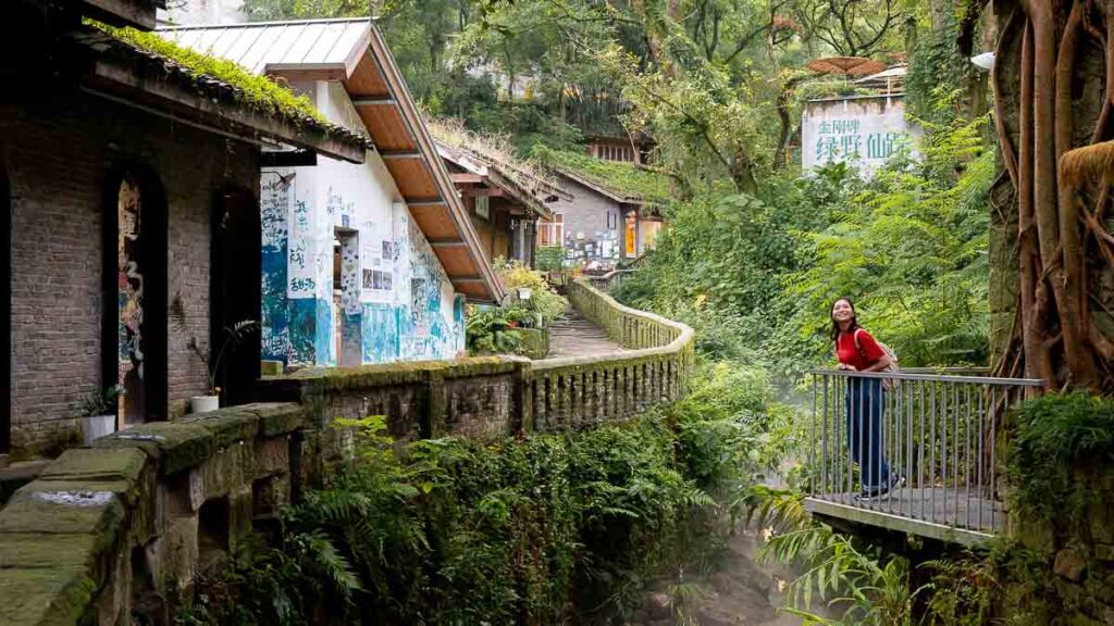 Person marvelling at the scenery filled with trees and old buildings at Jingangbei Ancient Village