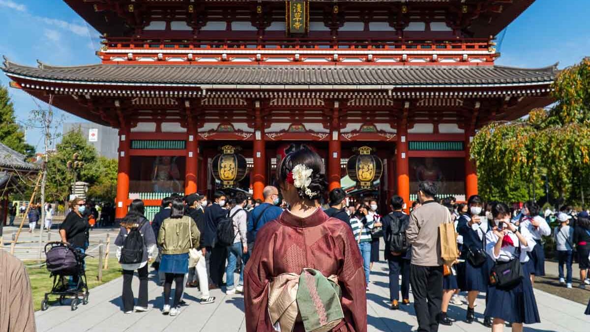 Girl wearing a kimono at Sensoji Temple in Tokyo, Japan