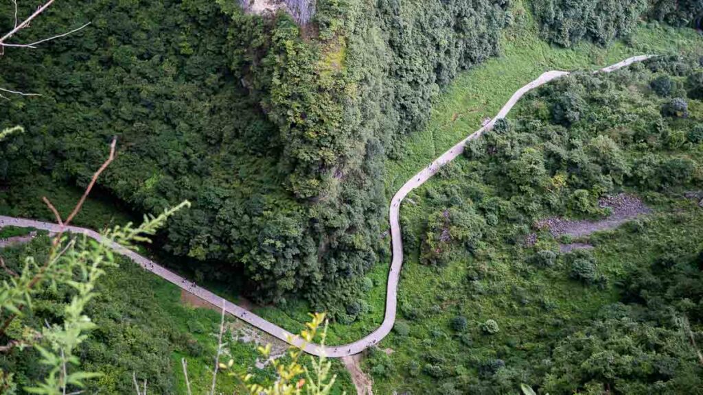 Bird's eye view of a trail at Three Natural Bridges, Wulong Karst