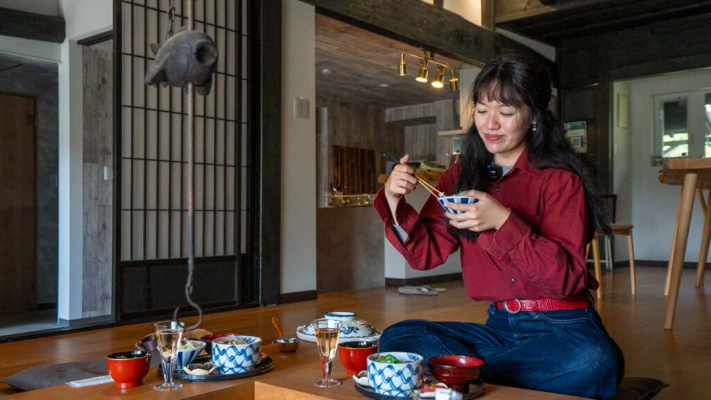 Girl eating lunch in Soyuan Ayabe - Culinary experiences in Kyoto by the Sea