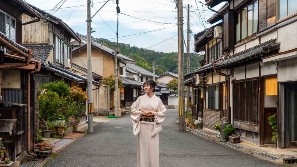 Girl in pink kimono walking down Yosano-cho in Yosano, Kyoto- Kyoto by the Sea attractions