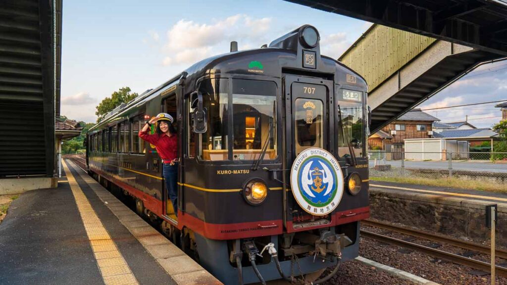Girl posting in KUTO -MATSU train from Amanohashidate - Kyoto by the Sea activities