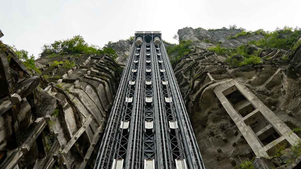 Bottom-up view of Tianlong Spiral Staircase Elevator of Three Natural Bridges, Wulong Karst