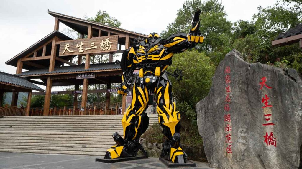 Bigger than life figurine of Transformers, Bumblebee, beside the entrance of Three Natural Bridges