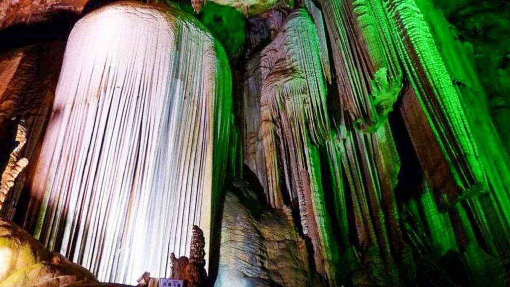 Two huge stalactite features resembling a waterfall at Furong Cave