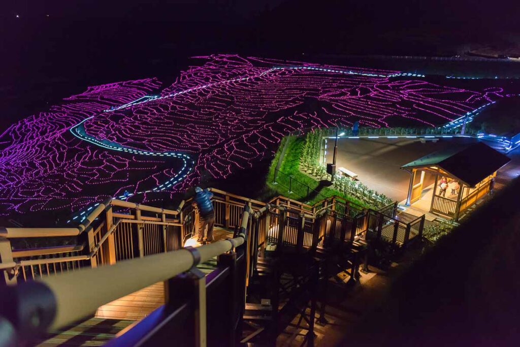 Shiroyone Senmaida Rice Terraces Lit Up at Night - Noto Pokemon Airport