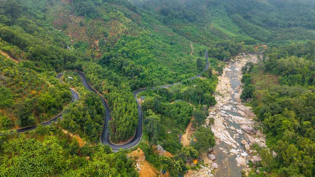 Drone shot of windy roads in Hon Ba Nature Reserve - Nha Trang attractions